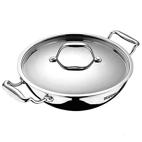 BERGNER Argent TriPly Stainless Steel Deep Kadai with Stainless Steel Lid,  Deep Kadhai, Food Safe, Stay Cool Cast Handles, Less Oil Use, Dishwasher Safe, Induction Bottom and Gas Ready