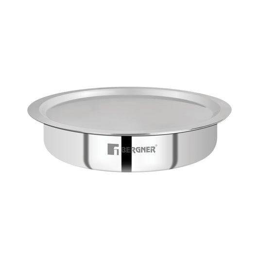 Bergner Argent TriPly Stainless Steel Lagdi with Stainless Steel Lid, Saute Pan with Lid, Food Safe, Durable, Dishwasher Safe, Induction and Gas Ready