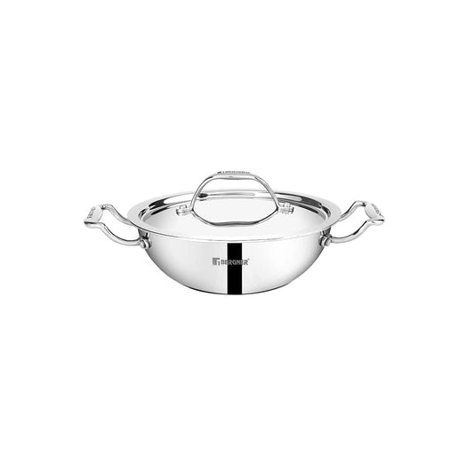 Bergner Argent Junior Chef Triply Stainless Steel Kadai with Stainless Steel Lid, Kadhai/Indian Wok, Durable Cookware, Mirror Finish, Induction Base and Gas Ready, Silver