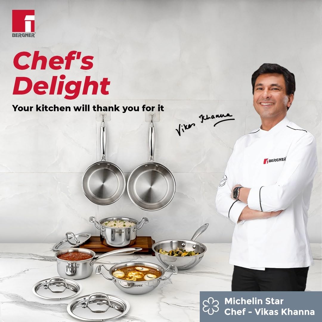 Bergner Argent Junior Chef Triply Stainless Steel Fryapn, Frying Pan, Sturdy and Durable, Mirror Finish, Easy To Clean, Induction Base and Gas Ready, Silver,