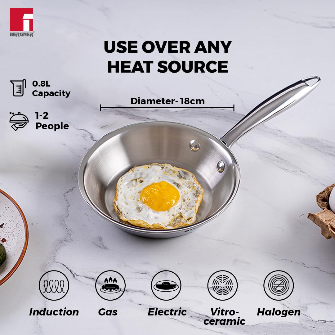 Bergner Argent Junior Chef Triply Stainless Steel Fryapn, Frying Pan, Sturdy and Durable, Mirror Finish, Easy To Clean, Induction Base and Gas Ready, Silver,