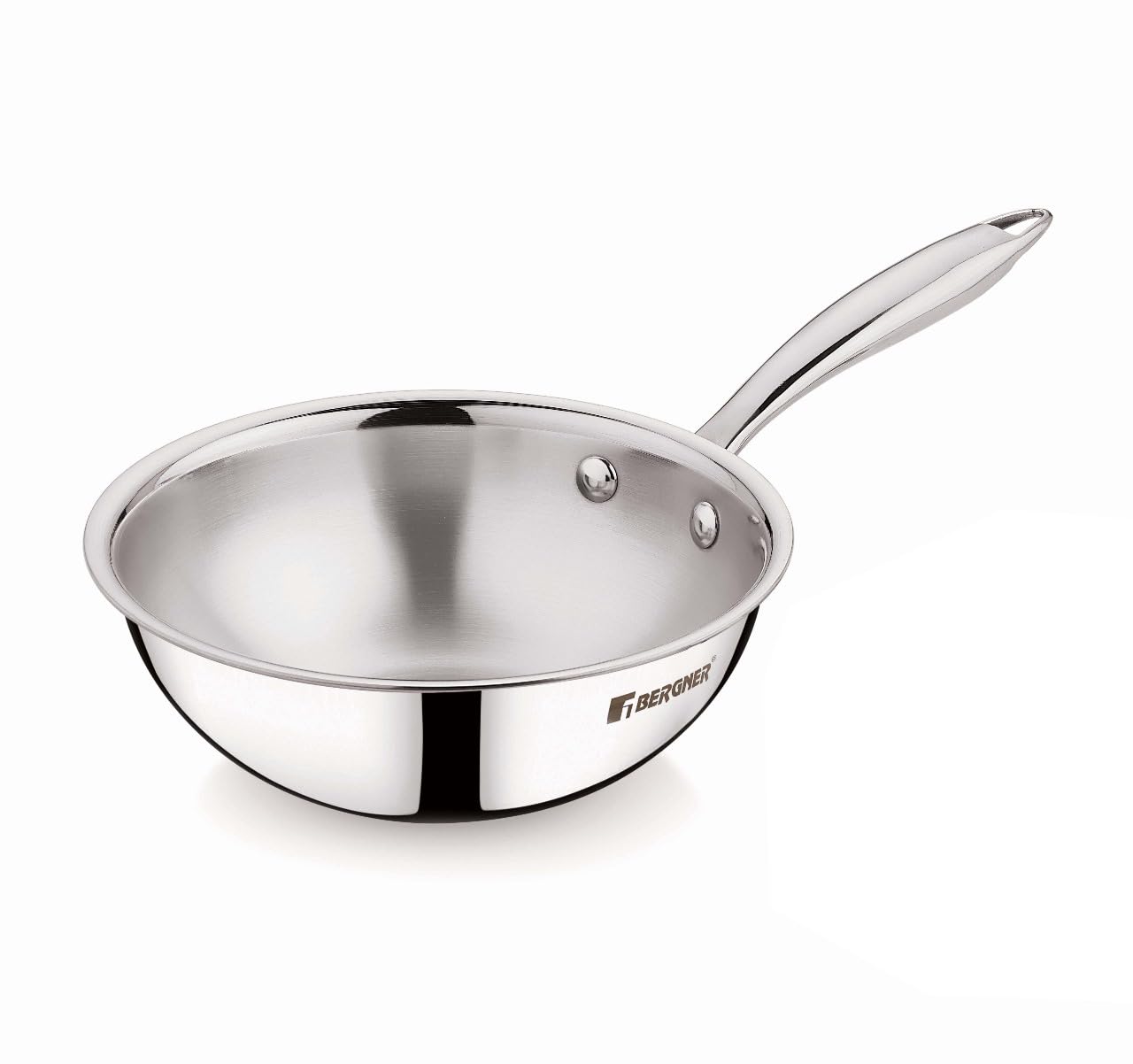 Bergner Argent Junior Chef Triply Stainless Steel 18 cm Wok, 1.3 litres Wok/Kadai, Mini Wok with Sturdy and Durable, Mirror Finish, Induction Base and Gas Ready, Silver