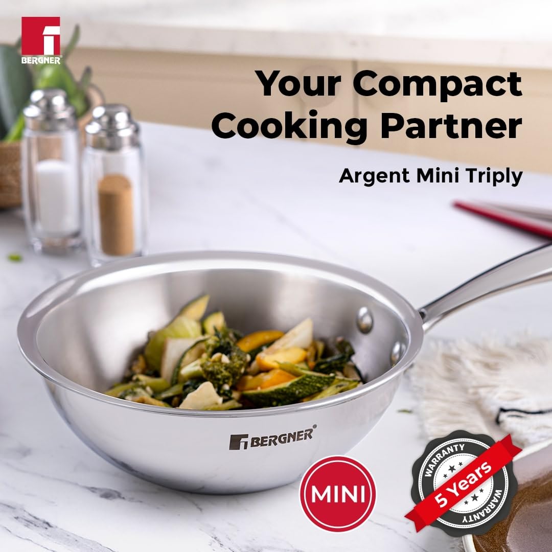 Bergner Argent Junior Chef Triply Stainless Steel 18 cm Wok, 1.3 litres Wok/Kadai, Mini Wok with Sturdy and Durable, Mirror Finish, Induction Base and Gas Ready, Silver
