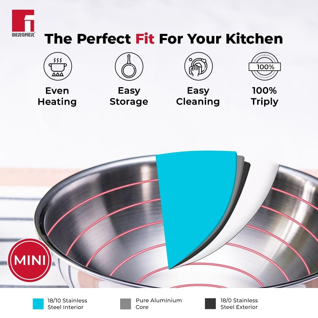 Bergner Argent Junior Chef Triply Stainless Steel 18 cm Wok, 1.3 litres Wok/Kadai, Mini Wok with Sturdy and Durable, Mirror Finish, Induction Base and Gas Ready, Silver