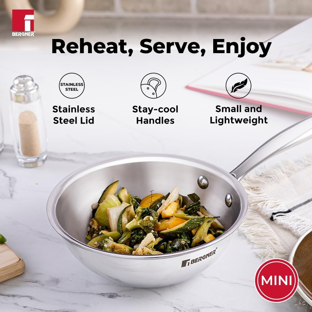 Bergner Argent Junior Chef Triply Stainless Steel 18 cm Wok, 1.3 litres Wok/Kadai, Mini Wok with Sturdy and Durable, Mirror Finish, Induction Base and Gas Ready, Silver