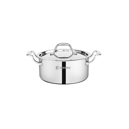 Bergner Argent Junior Chef Triply Stainless Steel Casserole with Stainless Steel Lid, Casserole, Durable Cookware, Mirror Finish, Induction Base and Gas Ready, Silver