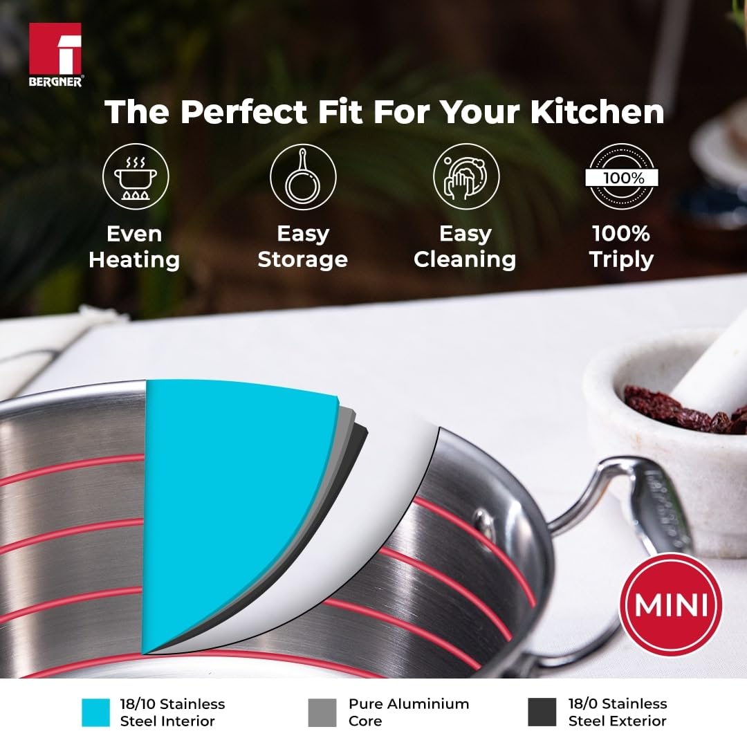 Bergner Argent Junior Chef Triply Stainless Steel Casserole with Stainless Steel Lid, Casserole, Durable Cookware, Mirror Finish, Induction Base and Gas Ready, Silver