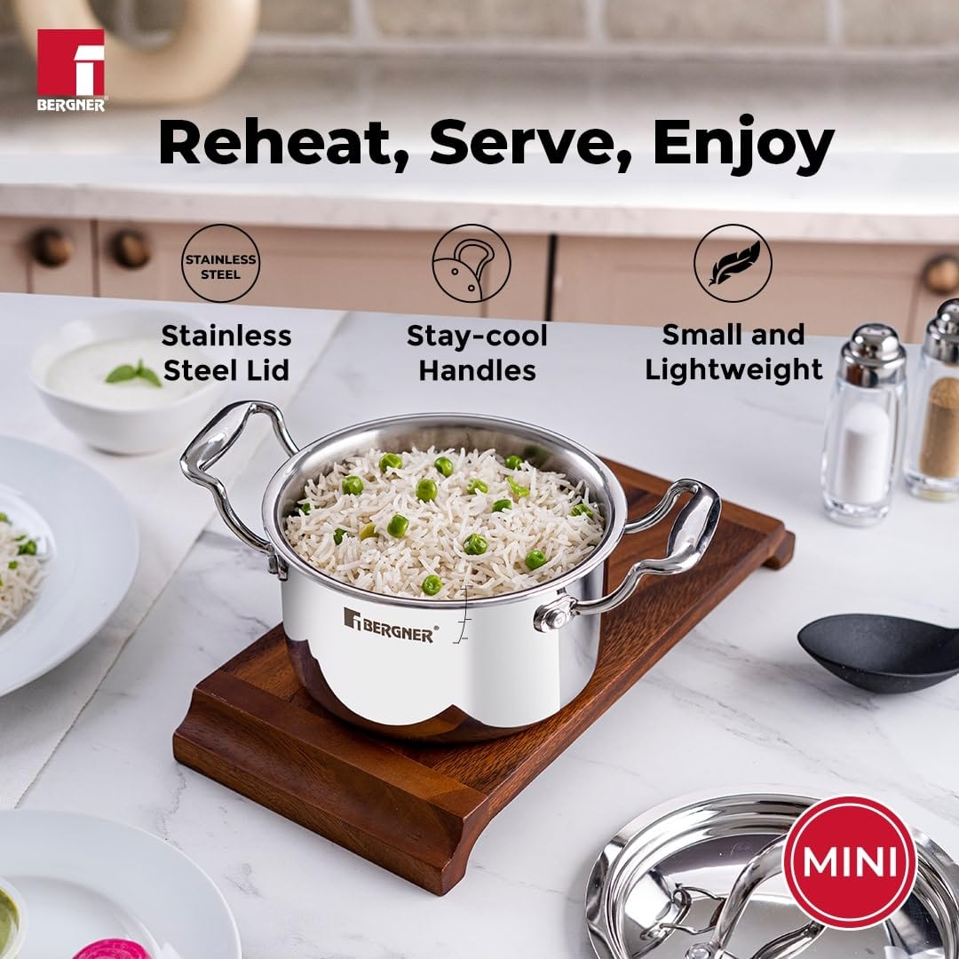 Bergner Argent Junior Chef Triply Stainless Steel Casserole with Stainless Steel Lid, Casserole, Durable Cookware, Mirror Finish, Induction Base and Gas Ready, Silver