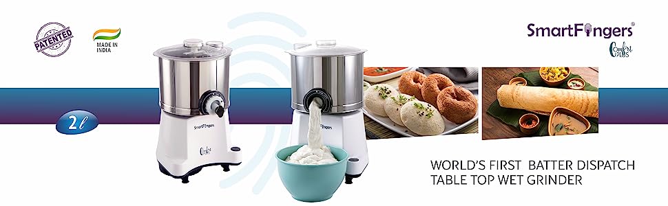 SmartFingers Comfort Plus Table Top magic Wet Grinder 230V 50hz, 2 Liter, White, 2 Stone