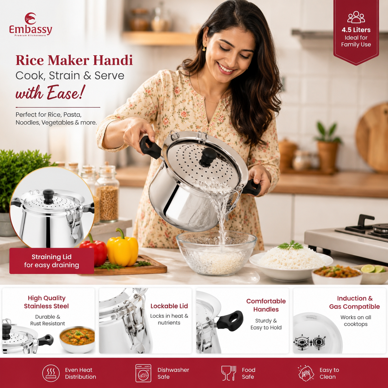 Embassy Rice Cooking Handi | Stainless Steel Pot with Straining Lid | Induction Friendly