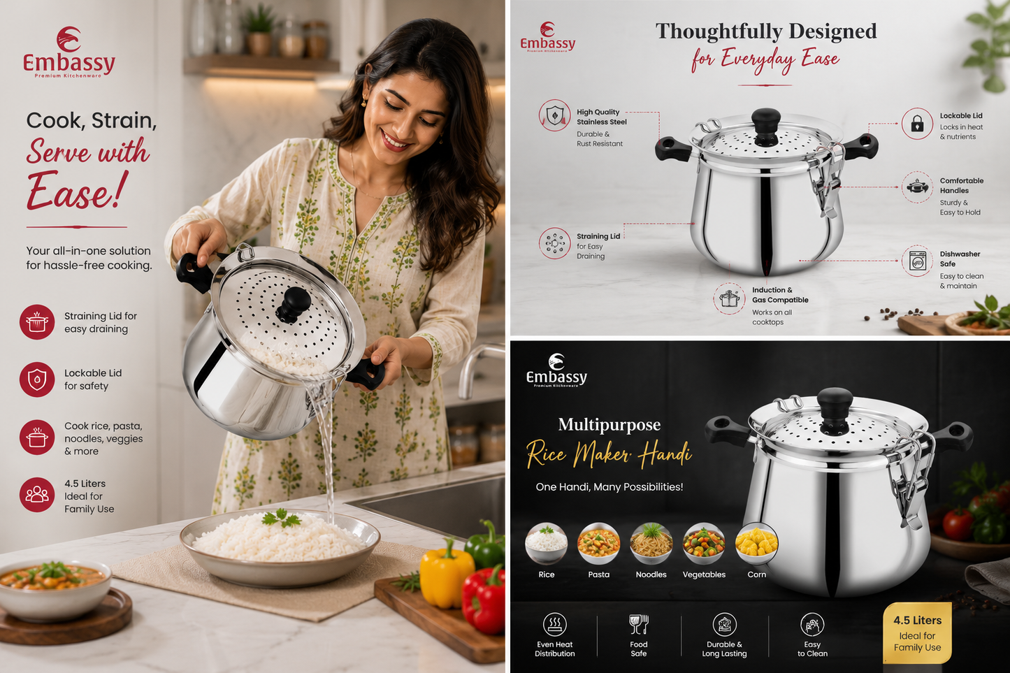 Embassy Rice Cooking Handi | Stainless Steel Pot with Straining Lid | Induction Friendly