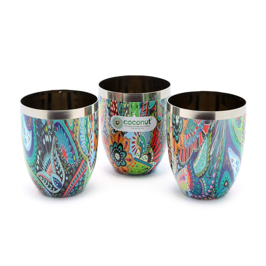 coconut Stainless Steel - Designer Glass Set for Home & Office | Multipurpose Beautiful Designer Glass Set | Ideal for Serving Water, Juice, Cold Drinks & Lemonade | Ideal Gift Choice | Pack of 3