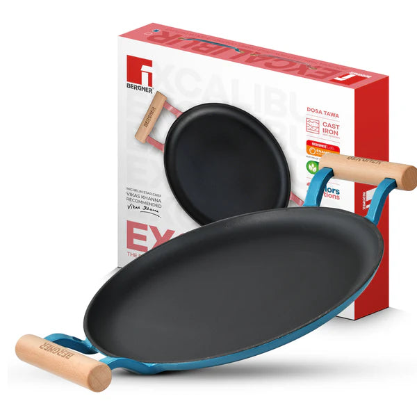Bergner Excalibur 28cm Cast Iron Dosa Tawa with Double Handles | Blue