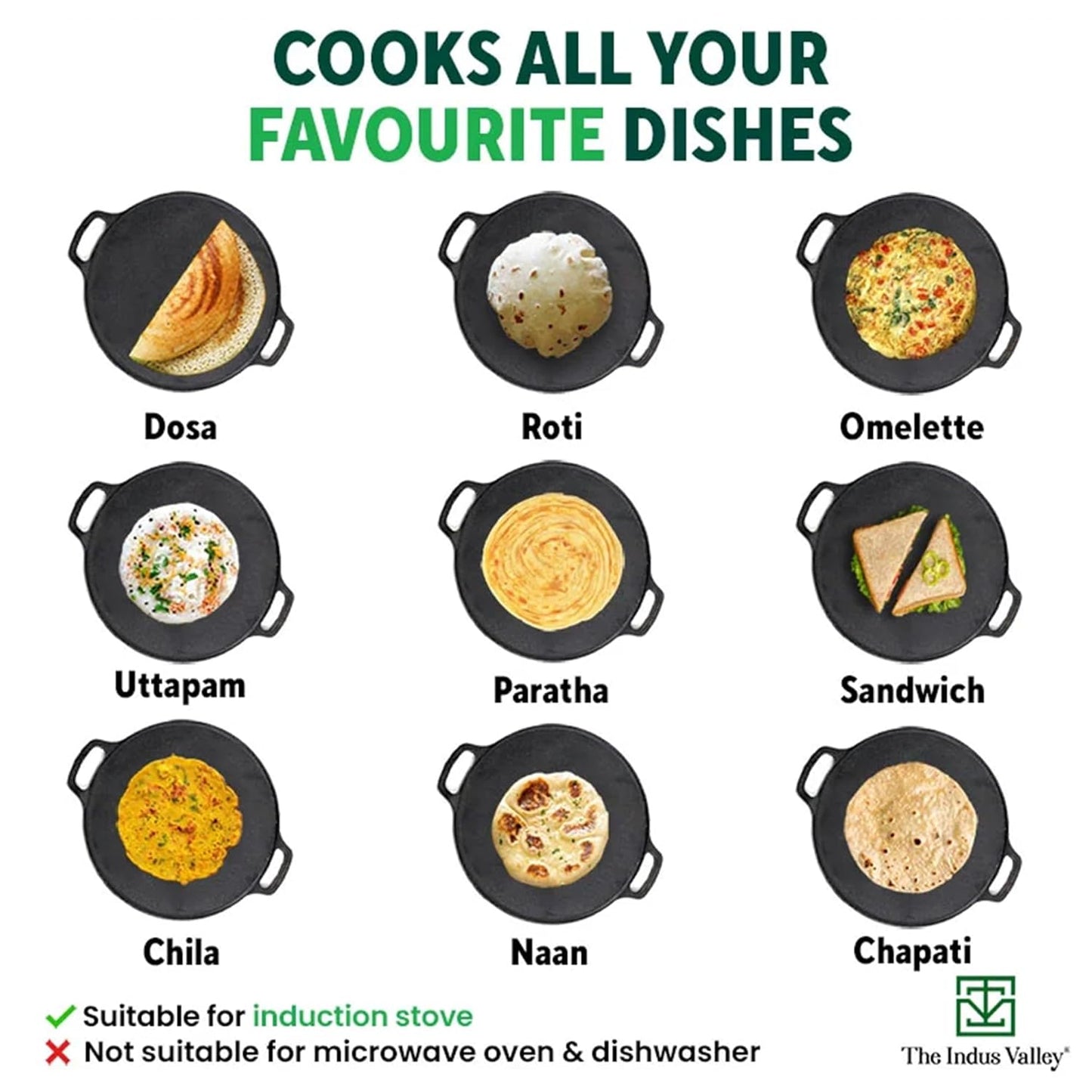 The Indus Valley Pre-Seasoned Cast Iron Tawa for Dosa/Chapathi | 30.2cm/11.8 inch, 2.4kg | Induction Friendly | Nonstick, Pre-Seasoned Tawa, 100% Pure & Toxin-Free, No Chemical Coating, Black