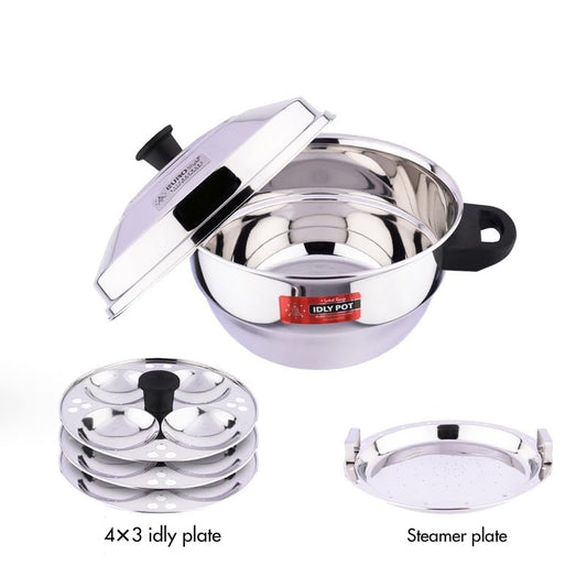 Eurostyle Compact 12 Deluxe Heavy Stainless Steel Idly Pot Cookware for Idli, Idiyappam, Dhokla & Vegetable Steamer 3 Idly Plates (12 idlis), 1 Steamer Plate (EUS_Comp_12_D)