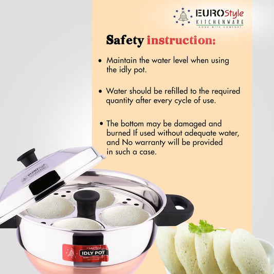 Eurostyle Compact 12 Deluxe Stainless Steel Heavy Copper Bottom Idli Pot Cookware for Idli, Idiyappam, Dhokla & Vegetable Steamer(2 in 1), 3 Idli Plates (12 idlis) & 1 Steamer Plate (EUS_Comp_12_D_CB)