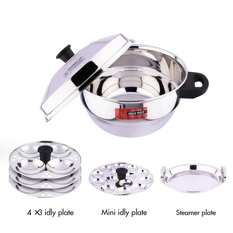 Eurostyle Compact 12 Supreme Heavy Stainless Steel Idly Pot Cookware for Idli, Idiyappam, Dhokla & Vegetable Steamer 3 Idly Plates (12 idlis) 1 Mini Idly Plate & 1 Steamer Plate (EUS_Comp_12_Sup)