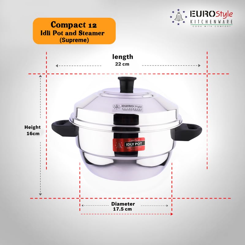 Eurostyle Compact 12 Supreme Heavy Stainless Steel Idly Pot Cookware for Idli, Idiyappam, Dhokla & Vegetable Steamer 3 Idly Plates (12 idlis) 1 Mini Idly Plate & 1 Steamer Plate (EUS_Comp_12_Sup)