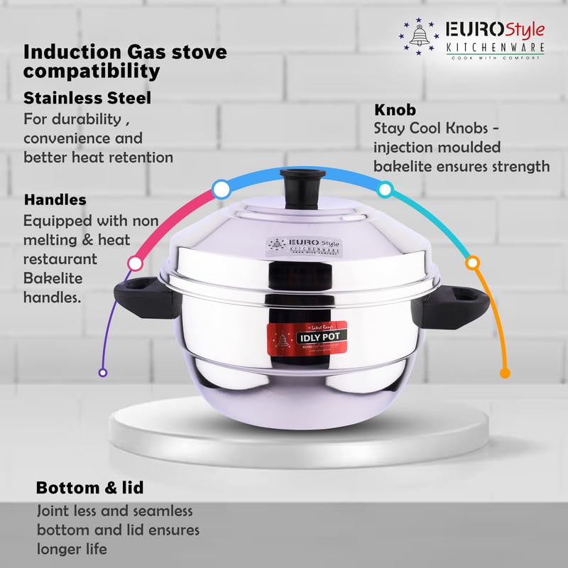 Eurostyle Compact 12 Supreme Heavy Stainless Steel Idly Pot Cookware for Idli, Idiyappam, Dhokla & Vegetable Steamer 3 Idly Plates (12 idlis) 1 Mini Idly Plate & 1 Steamer Plate (EUS_Comp_12_Sup)