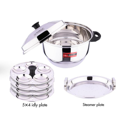 Eurostyle Compact Deluxe -20 Stainless Steel Idly Cookware & Steamer - Idli, Idiyappam, Dhokla & Vegetable Steamer(2in 1) 4 Idly Plates (20 idlis) &1 Steamer(Stainless Steel) - EUS_Comp_20_D