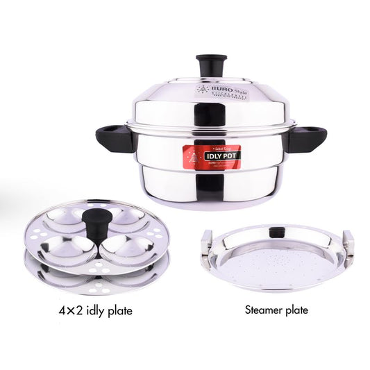 Eurostyle Royal Deluxe 8 Stainless Steel Idly Cookware, 2 Idly Plates (8 idlis) & 1 Steamer Plate, 2 L capacity With 3 Years Warranty (Stainless Steel,EUS_Royal_8_S)