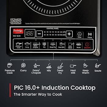 Prestige PIC 16.0 Plus 2000 Watts Induction Cooktop | 4KV Surge Protection | 8 Preset Indian Menu Option with Timer | Soft Touch Button | Easy to clean | Portable | Black |1Y Warranty | BIS