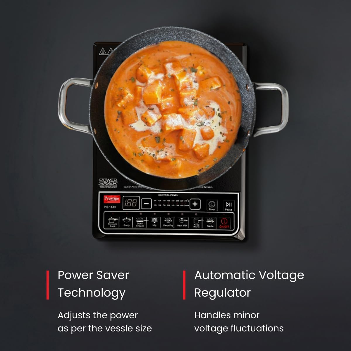 Prestige PIC 16.0 Plus 2000 Watts Induction Cooktop | 4KV Surge Protection | 8 Preset Indian Menu Option with Timer | Soft Touch Button | Easy to clean | Portable | Black |1Y Warranty | BIS