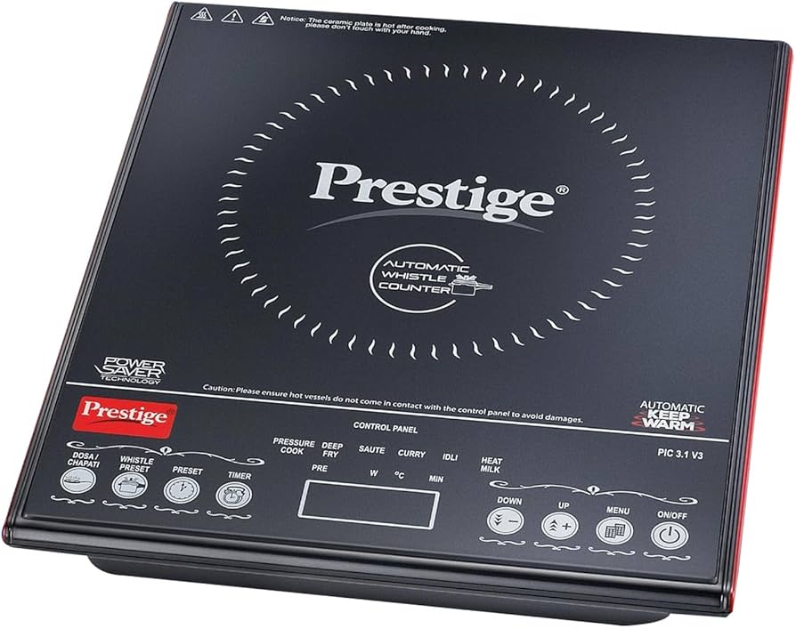 Prestige PIC 3.1 V3 2000 Watts Induction Cooktop | Patented Automatic Whistle Counter | 4KV Surge Protection | 7 Preset Indian Menu Options With Timer | Touch Button | Black | 1Y Warranty | BIS