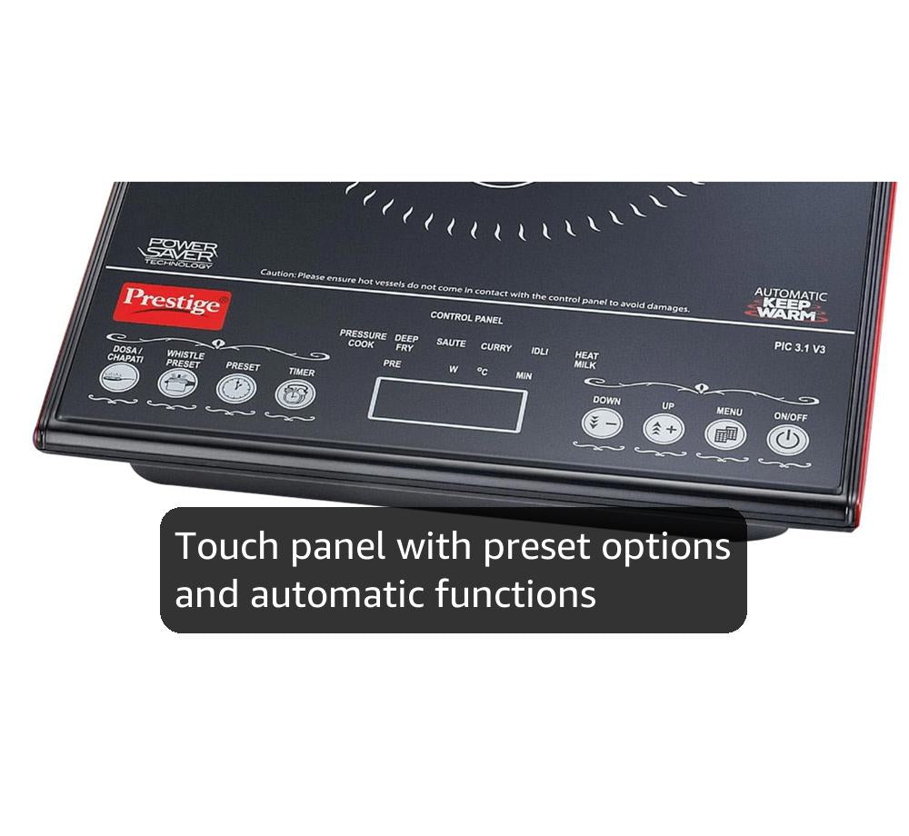 Prestige PIC 3.1 V3 2000 Watts Induction Cooktop | Patented Automatic Whistle Counter | 4KV Surge Protection | 7 Preset Indian Menu Options With Timer | Touch Button | Black | 1Y Warranty | BIS