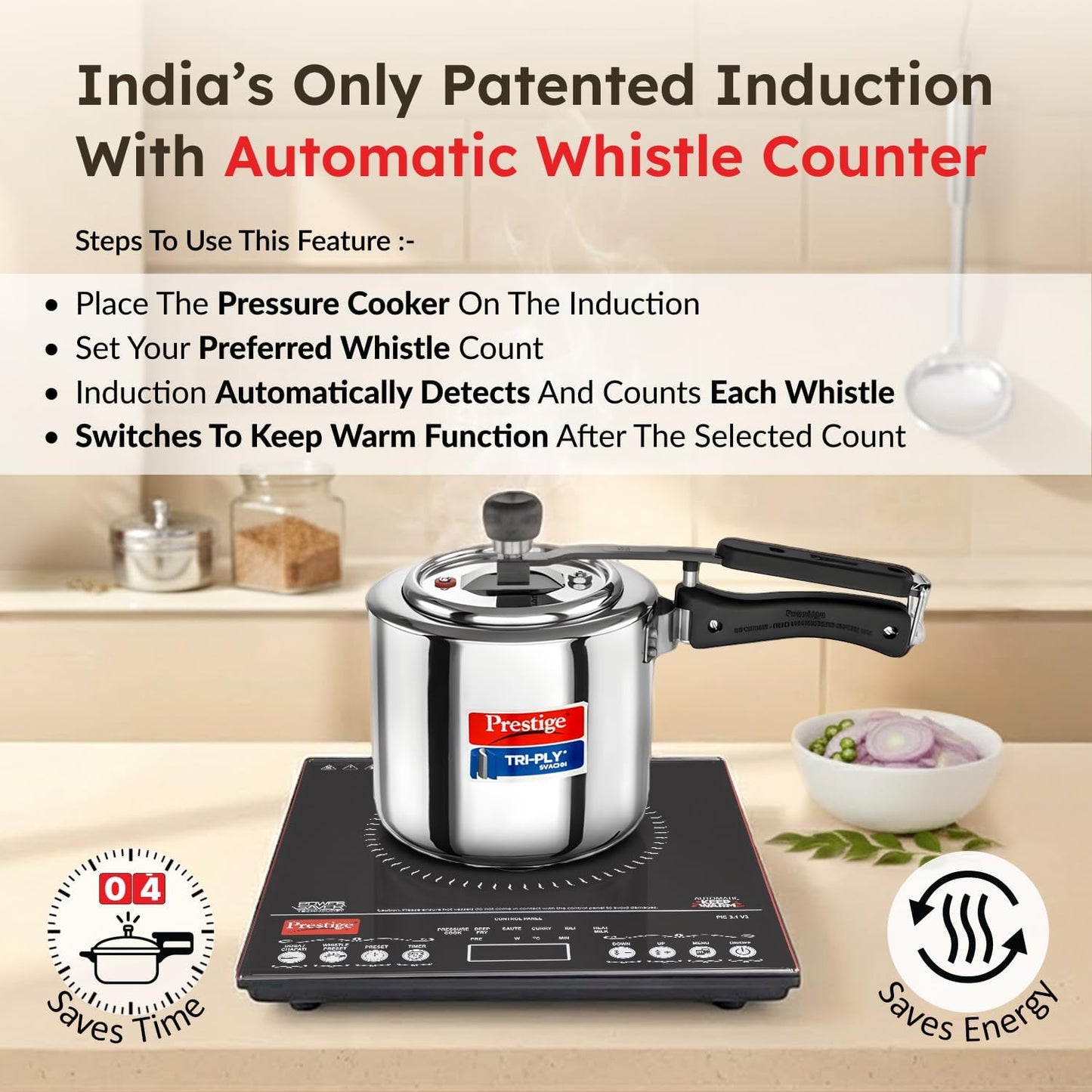 Prestige PIC 3.1 V3 2000 Watts Induction Cooktop | Patented Automatic Whistle Counter | 4KV Surge Protection | 7 Preset Indian Menu Options With Timer | Touch Button | Black | 1Y Warranty | BIS