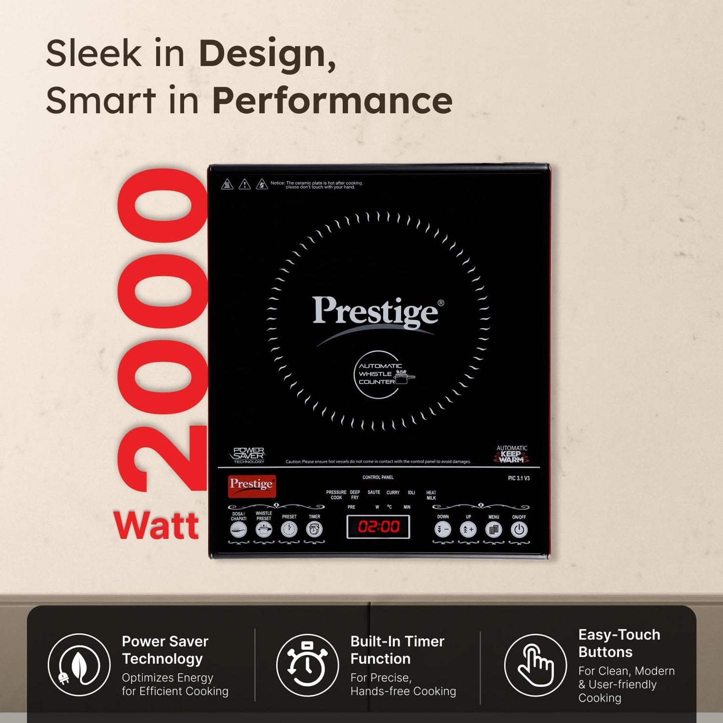 Prestige PIC 3.1 V3 2000 Watts Induction Cooktop | Patented Automatic Whistle Counter | 4KV Surge Protection | 7 Preset Indian Menu Options With Timer | Touch Button | Black | 1Y Warranty | BIS
