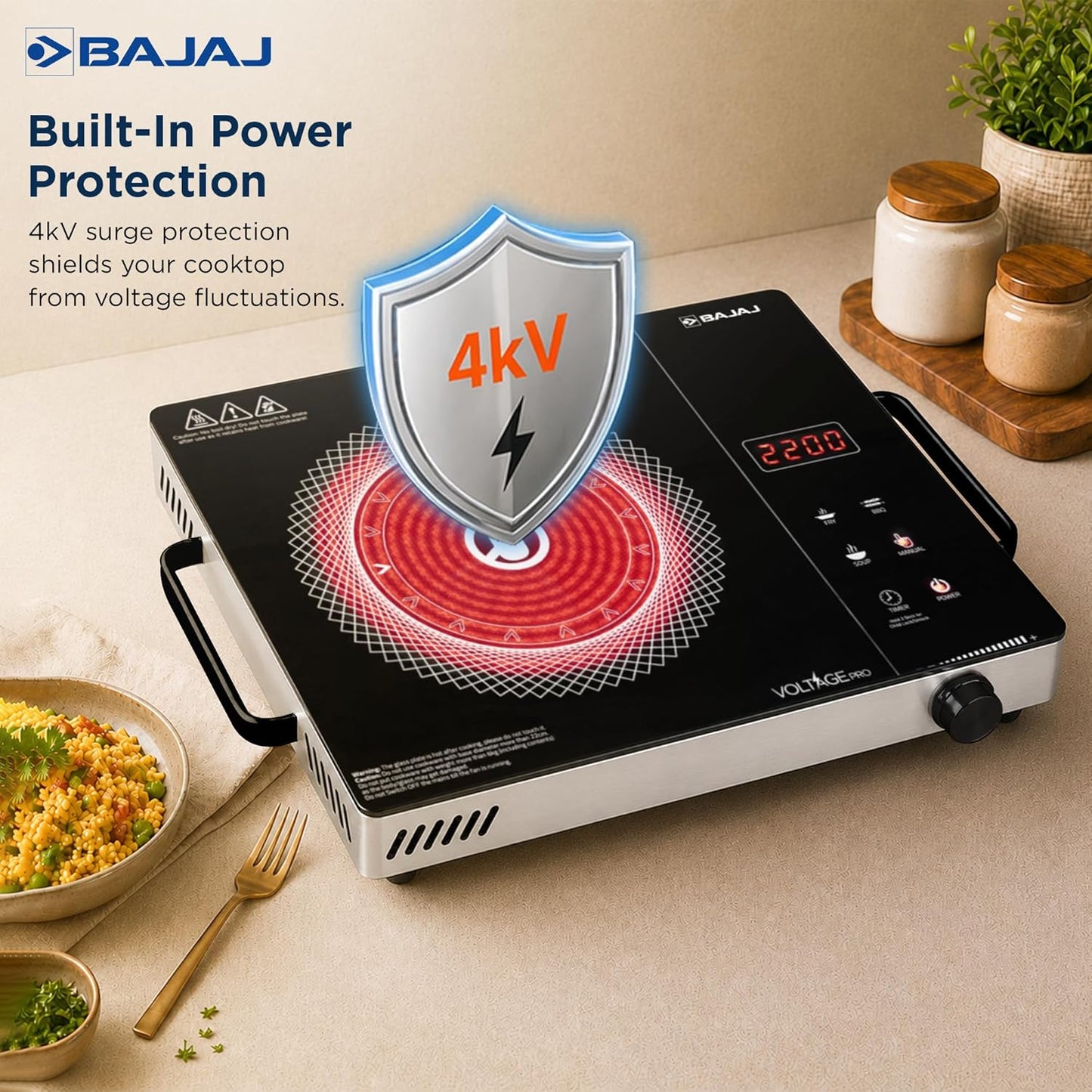 Bajaj IRX 220F Infrared Induction Cooktop | 2200 Watts | 11 Power Level | 3 Preset Menu | Feather Touch Controls | Digital display | 1 Year Warranty 【Black/Silver】