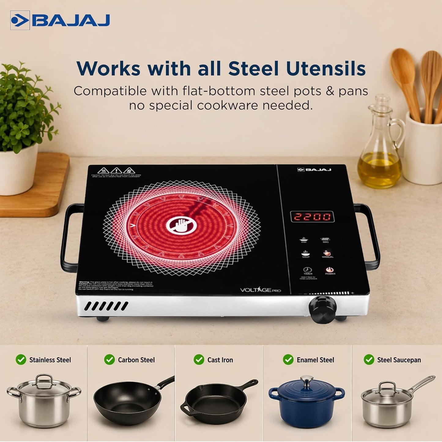 Bajaj IRX 220F Infrared Induction Cooktop | 2200 Watts | 11 Power Level | 3 Preset Menu | Feather Touch Controls | Digital display | 1 Year Warranty 【Black/Silver】