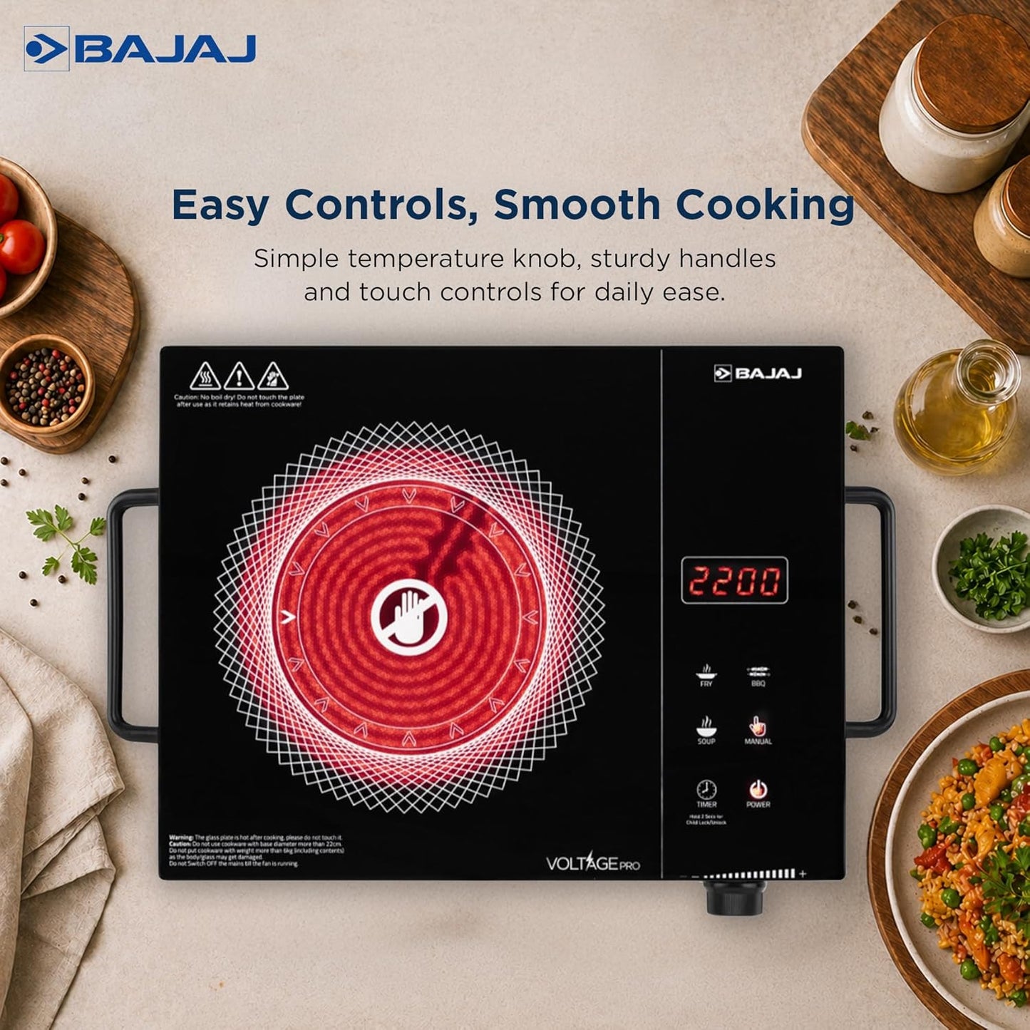 Bajaj IRX 220F Infrared Induction Cooktop | 2200 Watts | 11 Power Level | 3 Preset Menu | Feather Touch Controls | Digital display | 1 Year Warranty 【Black/Silver】