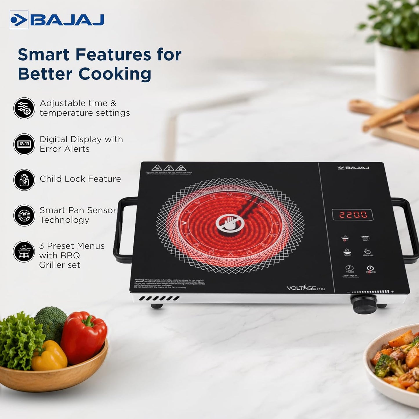 Bajaj IRX 220F Infrared Induction Cooktop | 2200 Watts | 11 Power Level | 3 Preset Menu | Feather Touch Controls | Digital display | 1 Year Warranty 【Black/Silver】
