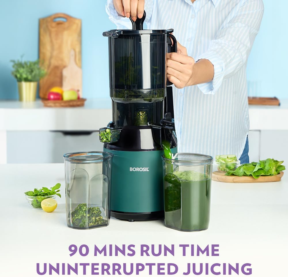 Borosil Vita Rich Cold Press Juicer | 250 Watts, 1.5 L Wide Mouth Hopper, 1 L Jug & Pulp Collector with Anti Drip Tap | Reverse Function for Pulp Cleaner, Auto Cut-Off for Safety | 2 Years Warranty
