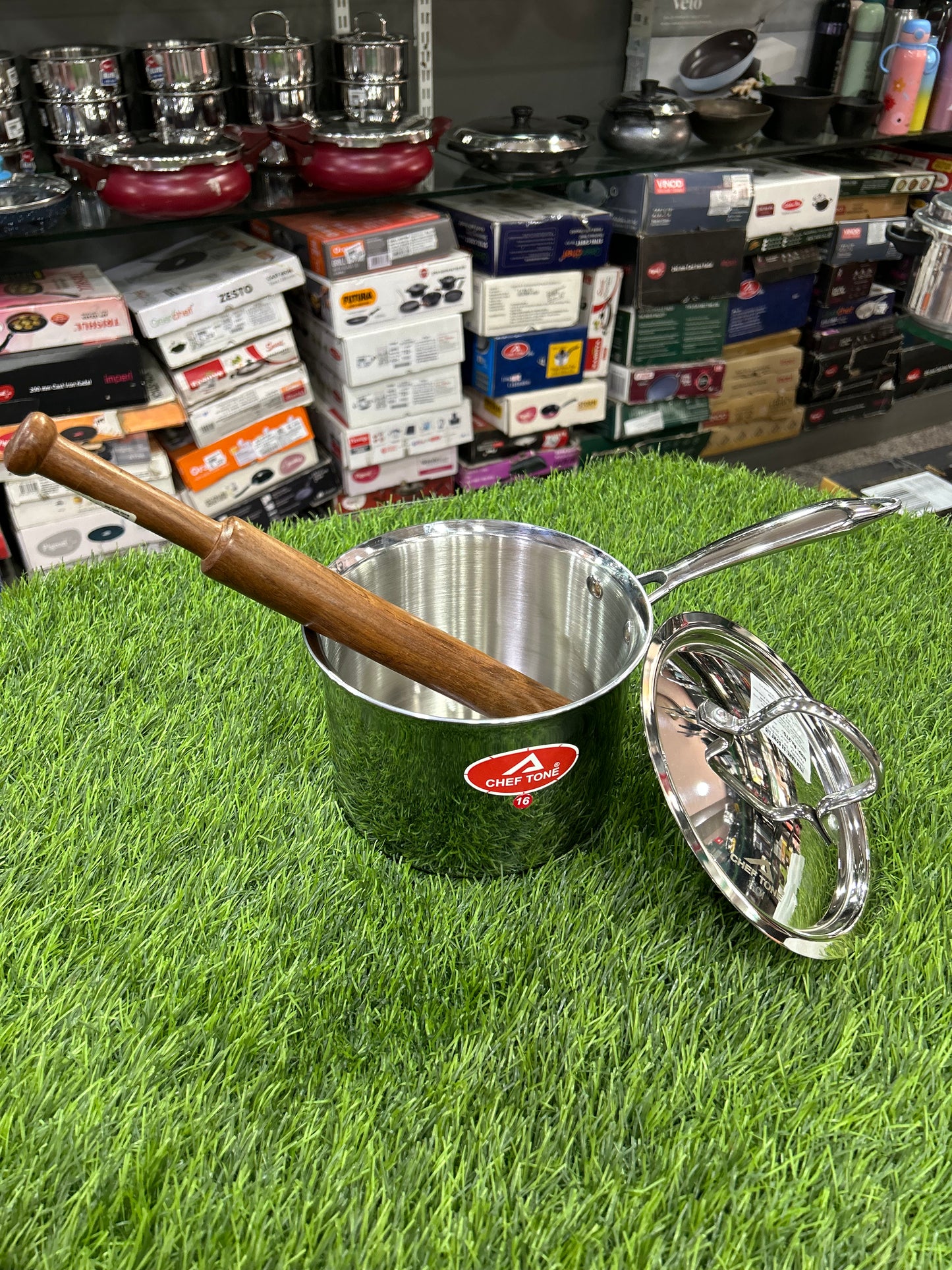 CHEFTONE MUDDE PAN Triply 16 cm / 2.45 Liter Stainless Steel Sauce Pan with SS 304 Lid | Healthy, Non Toxic | Milk Pan/Tea Pan | Induction Friendly | Stay Cool Handle | 5 Year Warranty.Free mudde kol .1 pcs