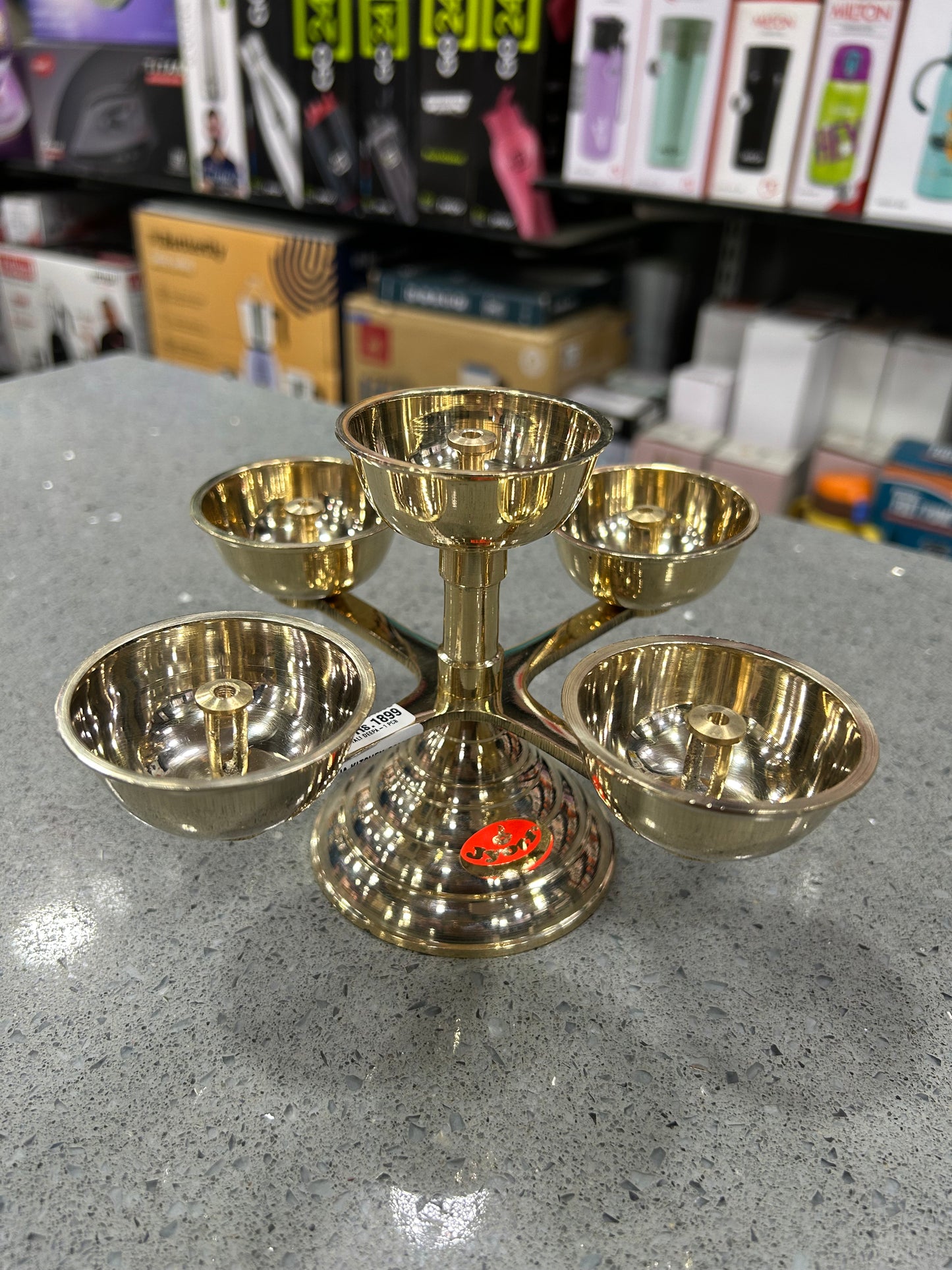 Joythi Pure Brass 5-Faced Panchadeep Bhadradeepam | weight 500 gm |Akhand Jyothi Diya for Pooja & Home Temple..1 pcs ,Banana plant stand set 2 p,modak Mold 1 p,Karanji mold.1 pcs Combo set