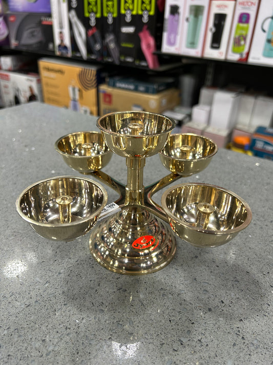 Joythi Pure Brass 5-Faced Panchadeep Bhadradeepam | weight 500 gm |Akhand Jyothi Diya for Pooja & Home Temple..1 pcs ,Banana plant stand set 2 p,modak Mold 1 p,Karanji mold.1 pcs Combo set