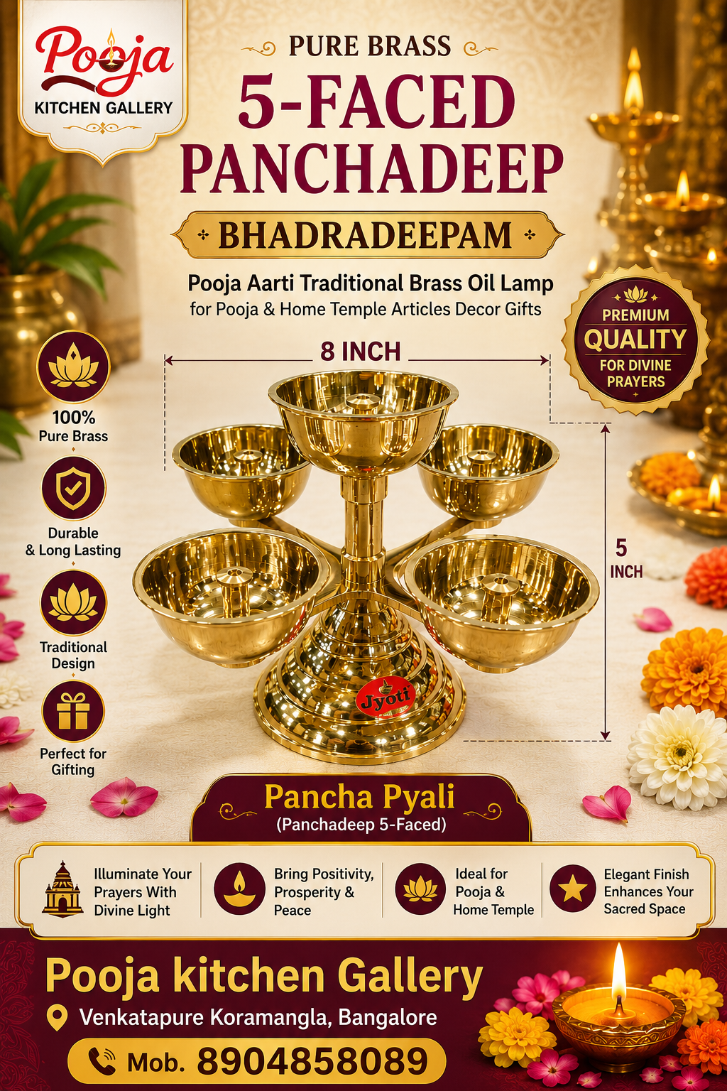 Joythi Pure Brass 5-Faced Panchadeep Bhadradeepam | weight 500 gm |Akhand Jyothi Diya for Pooja & Home Temple..1 pcs ,Banana plant stand set 2 p,modak Mold 1 p,Karanji mold.1 pcs Combo set