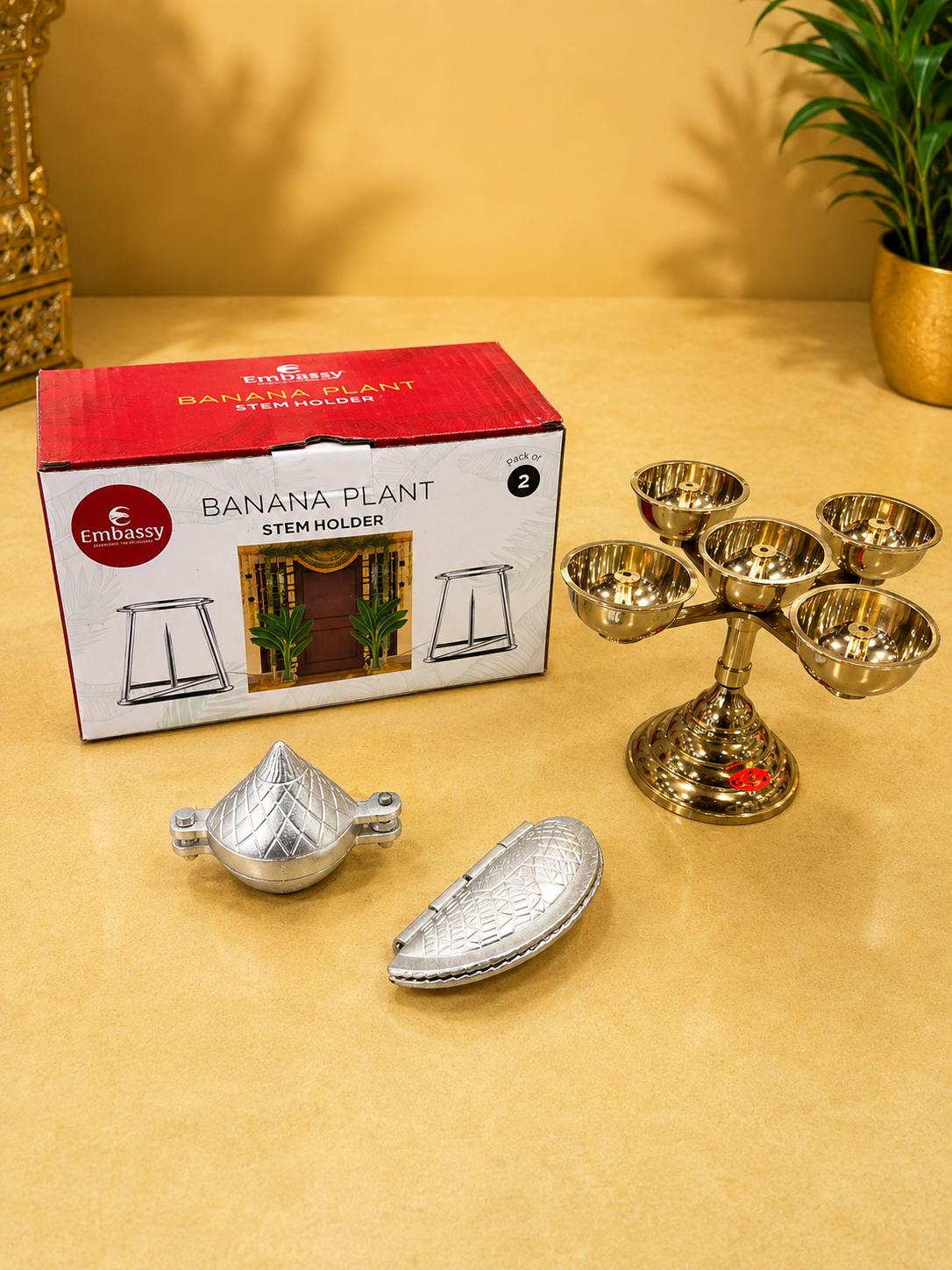 Joythi Pure Brass 5-Faced Panchadeep Bhadradeepam | weight 500 gm |Akhand Jyothi Diya for Pooja & Home Temple..1 pcs ,Banana plant stand set 2 p,modak Mold 1 p,Karanji mold.1 pcs Combo set