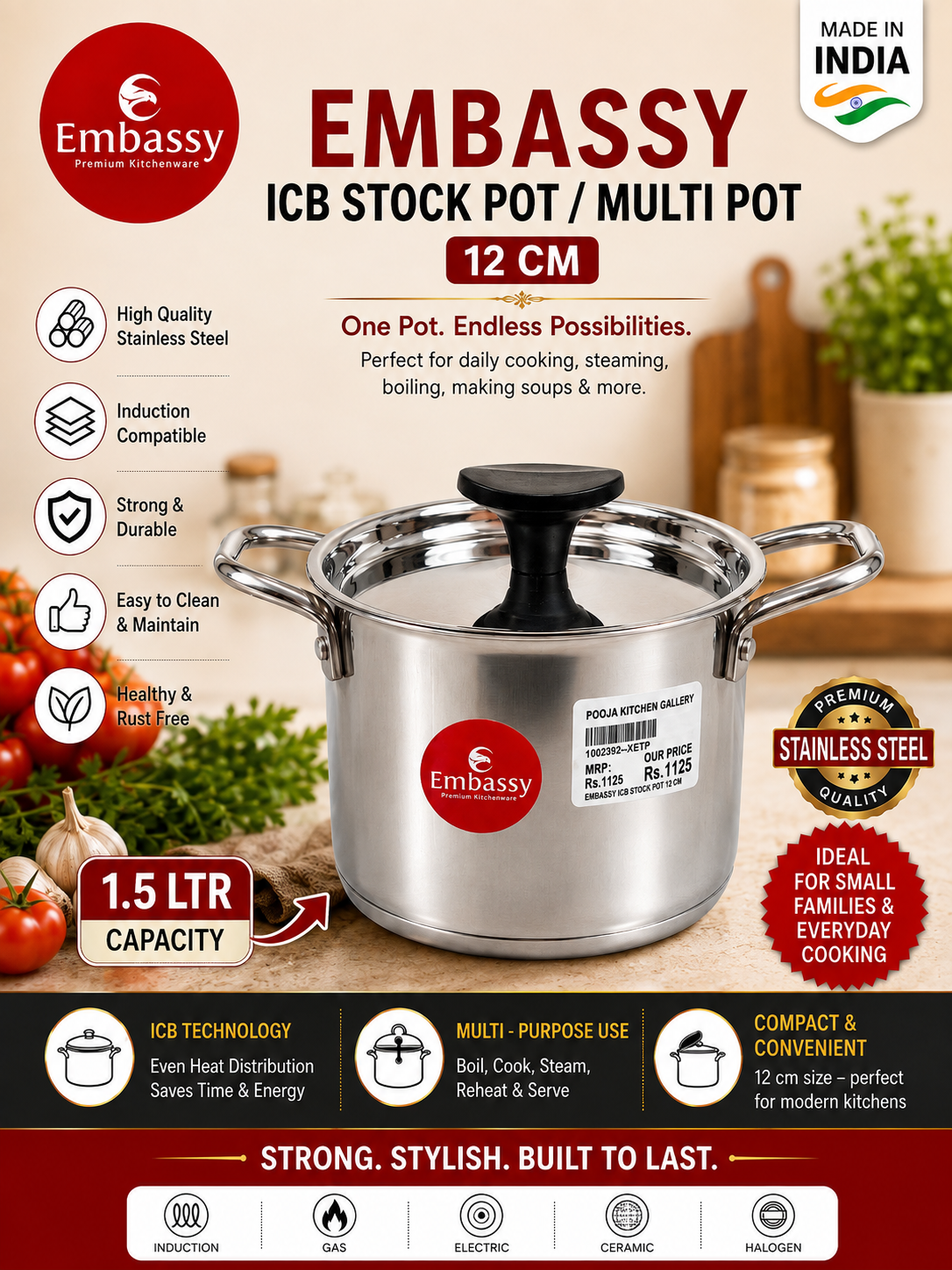 Embassy ICB Stock Pot / Multi Pot – 12 cm | 1.5 Litre |with lid|milk pot|