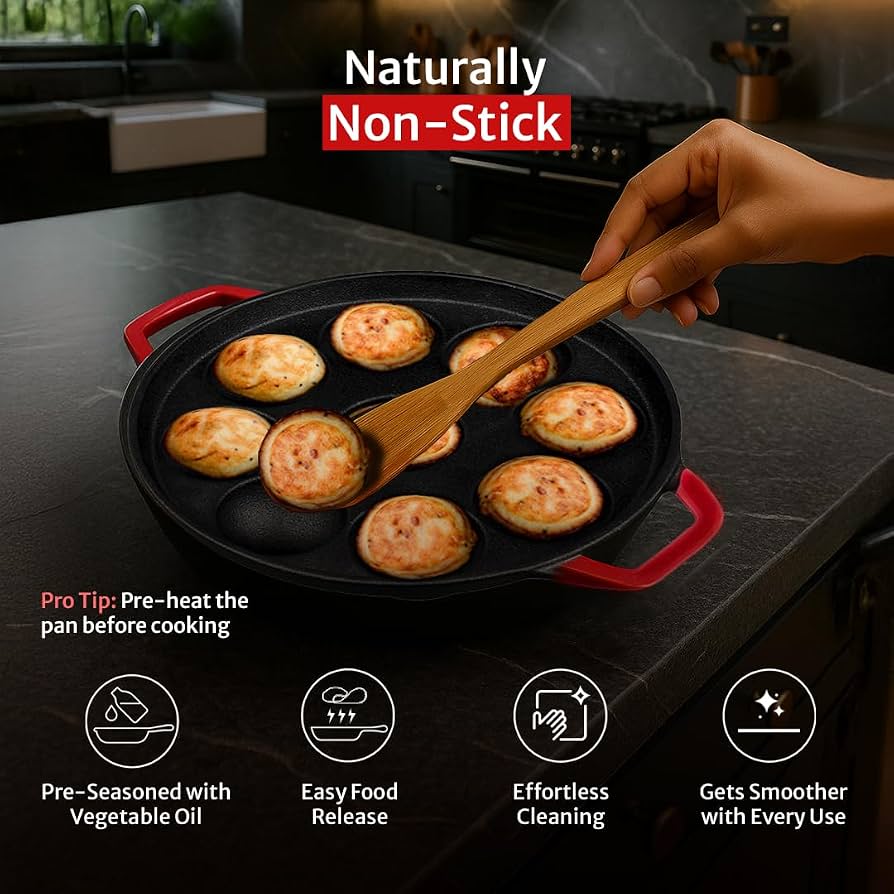 Pigeon Imperi Cast Iron Paniyaram/Appe Pan, 9 Pits, Free Silicone Grips, Pre-Seasoned,100% Toxin-Free, Naturally Nonstick, Paniyarakkal, Appam Patra, Paddu Maker,Strong & Durable, Gas & Induction
