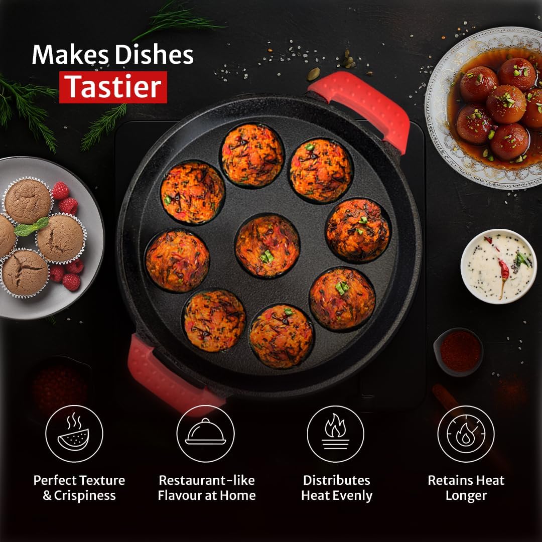 Pigeon Imperi Cast Iron Paniyaram/Appe Pan, 9 Pits, Free Silicone Grips, Pre-Seasoned,100% Toxin-Free, Naturally Nonstick, Paniyarakkal, Appam Patra, Paddu Maker,Strong & Durable, Gas & Induction
