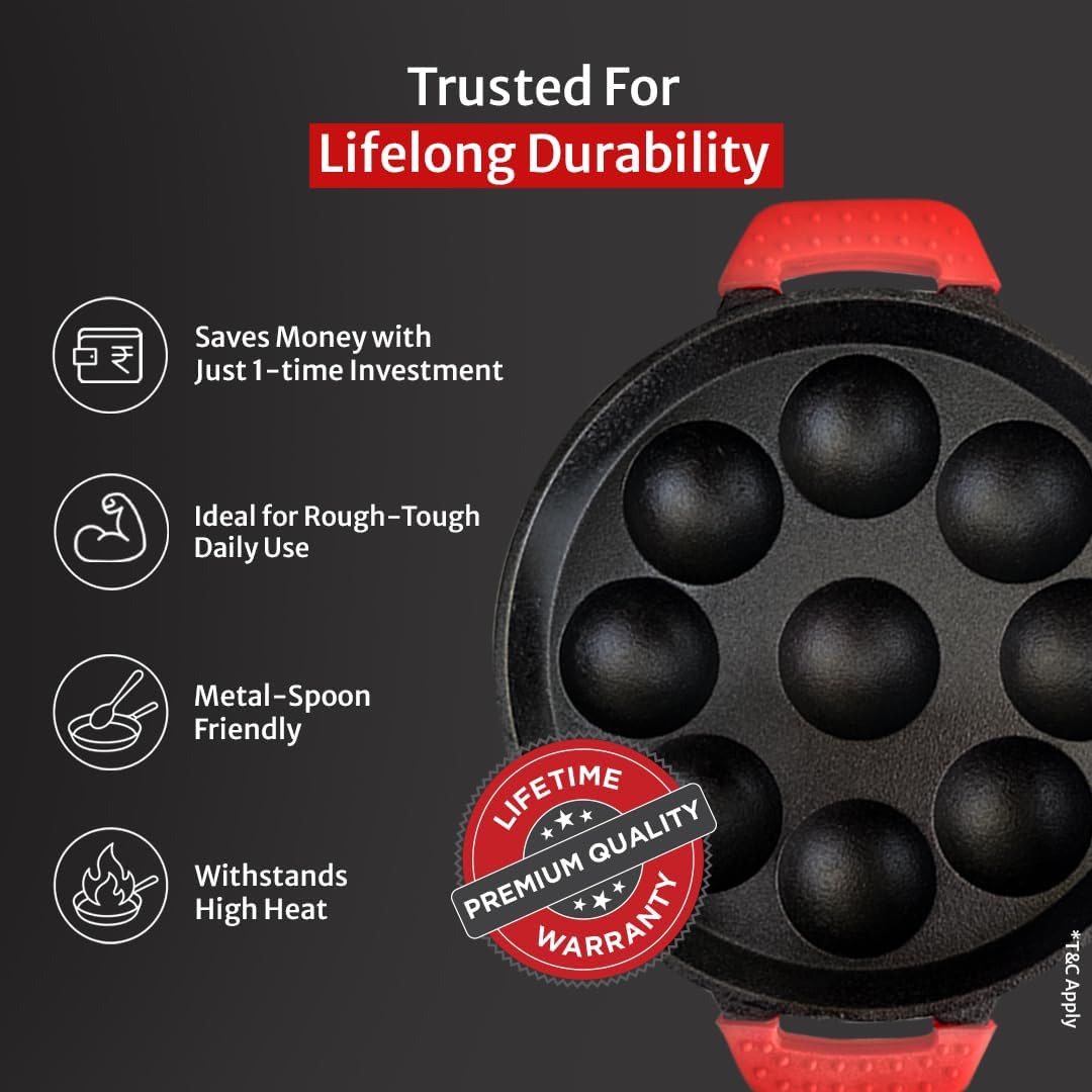 Pigeon Imperi Cast Iron Paniyaram/Appe Pan, 9 Pits, Free Silicone Grips, Pre-Seasoned,100% Toxin-Free, Naturally Nonstick, Paniyarakkal, Appam Patra, Paddu Maker,Strong & Durable, Gas & Induction