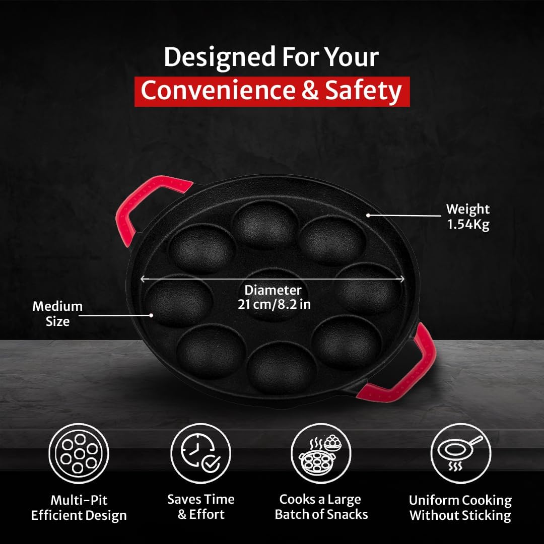 Pigeon Imperi Cast Iron Paniyaram/Appe Pan, 9 Pits, Free Silicone Grips, Pre-Seasoned,100% Toxin-Free, Naturally Nonstick, Paniyarakkal, Appam Patra, Paddu Maker,Strong & Durable, Gas & Induction