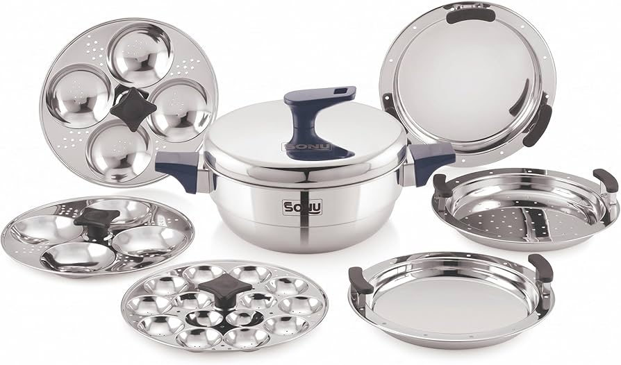 Sonu Trois Triply Stainless Steel Multi-Kadai| Idli Maker, Dhokla Steamer, Appam/Paniyaram Plate, Steaming Plates | Gas & Induction Compatible | Heavy Gauge Tri-Ply Cook Pot size-8