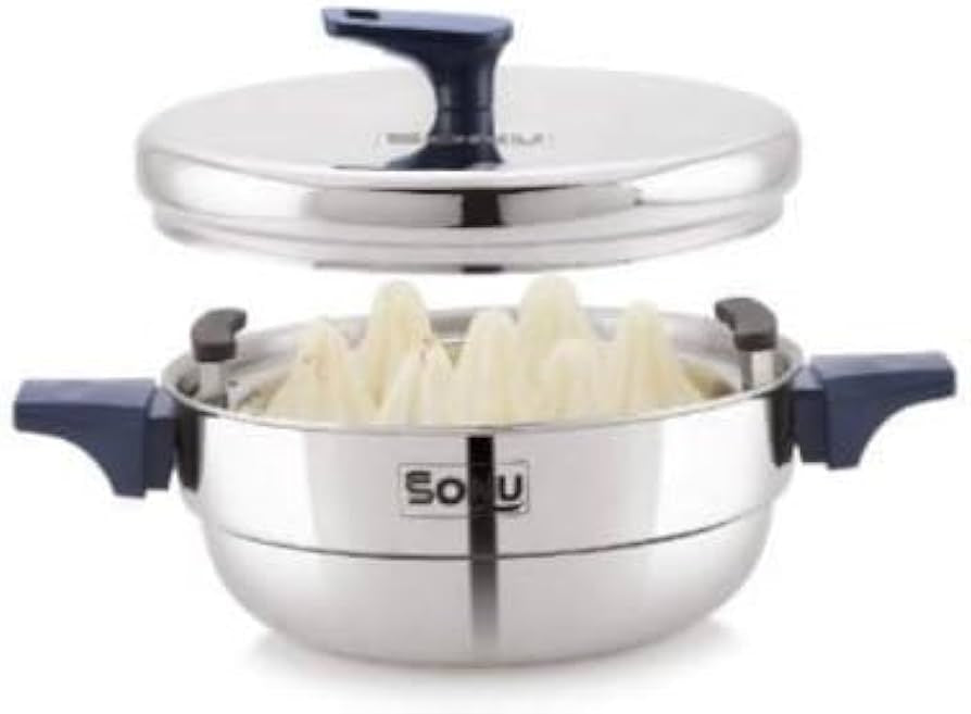 Sonu Trois Triply Stainless Steel Multi-Kadai| Idli Maker, Dhokla Steamer, Appam/Paniyaram Plate, Steaming Plates | Gas & Induction Compatible | Heavy Gauge Tri-Ply Cook Pot size-8