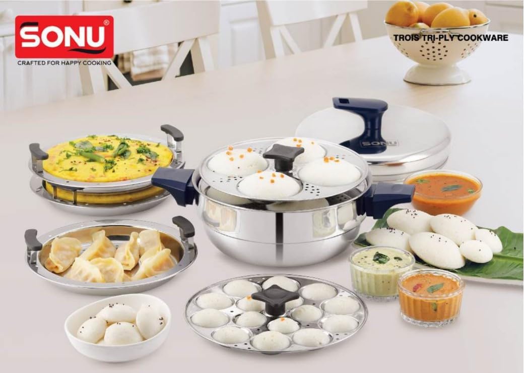 Sonu Trois Triply Stainless Steel Multi-Kadai| Idli Maker, Dhokla Steamer, Appam/Paniyaram Plate, Steaming Plates | Gas & Induction Compatible | Heavy Gauge Tri-Ply Cook Pot size-8