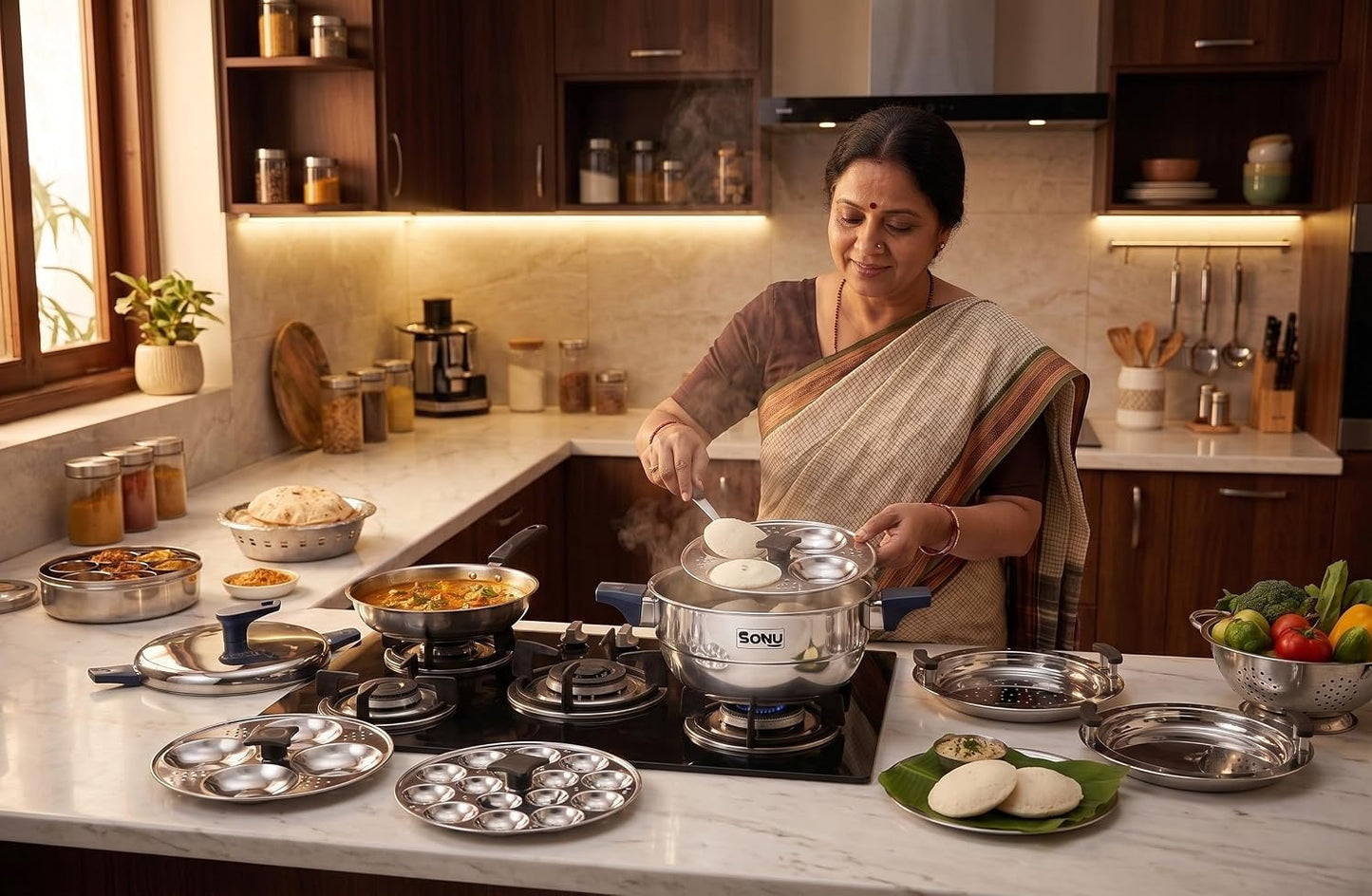Sonu Trois Triply Stainless Steel Multi-Kadai| Idli Maker, Dhokla Steamer, Appam/Paniyaram Plate, Steaming Plates | Gas & Induction Compatible | Heavy Gauge Tri-Ply Cook Pot size-8